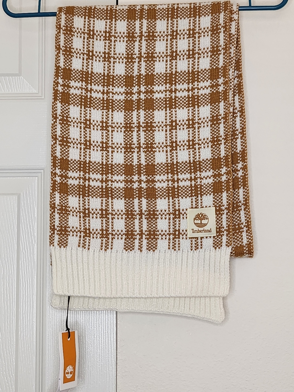 NWT Timberland Tan Cream Plaid Knit Scarf